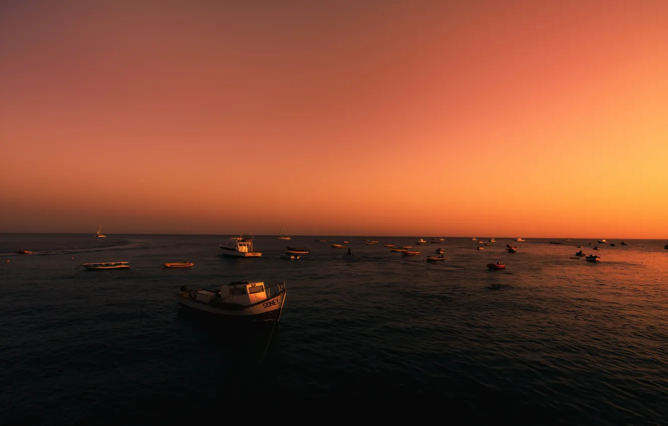 Photo wallpaper sea, sunset, boats