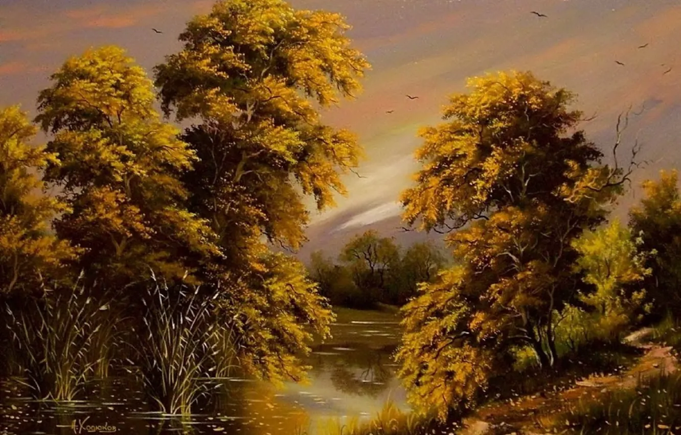 Photo wallpaper autumn, the sky, water, trees, landscape, birds, river, Wallpaper