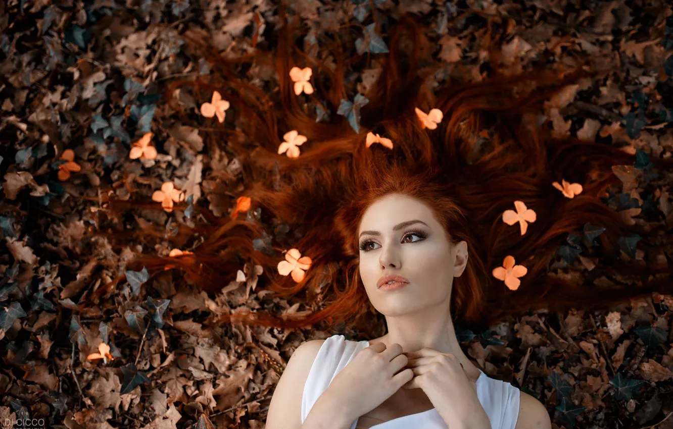 Photo wallpaper autumn, leaves, flowers, face, mood, hair, red, redhead