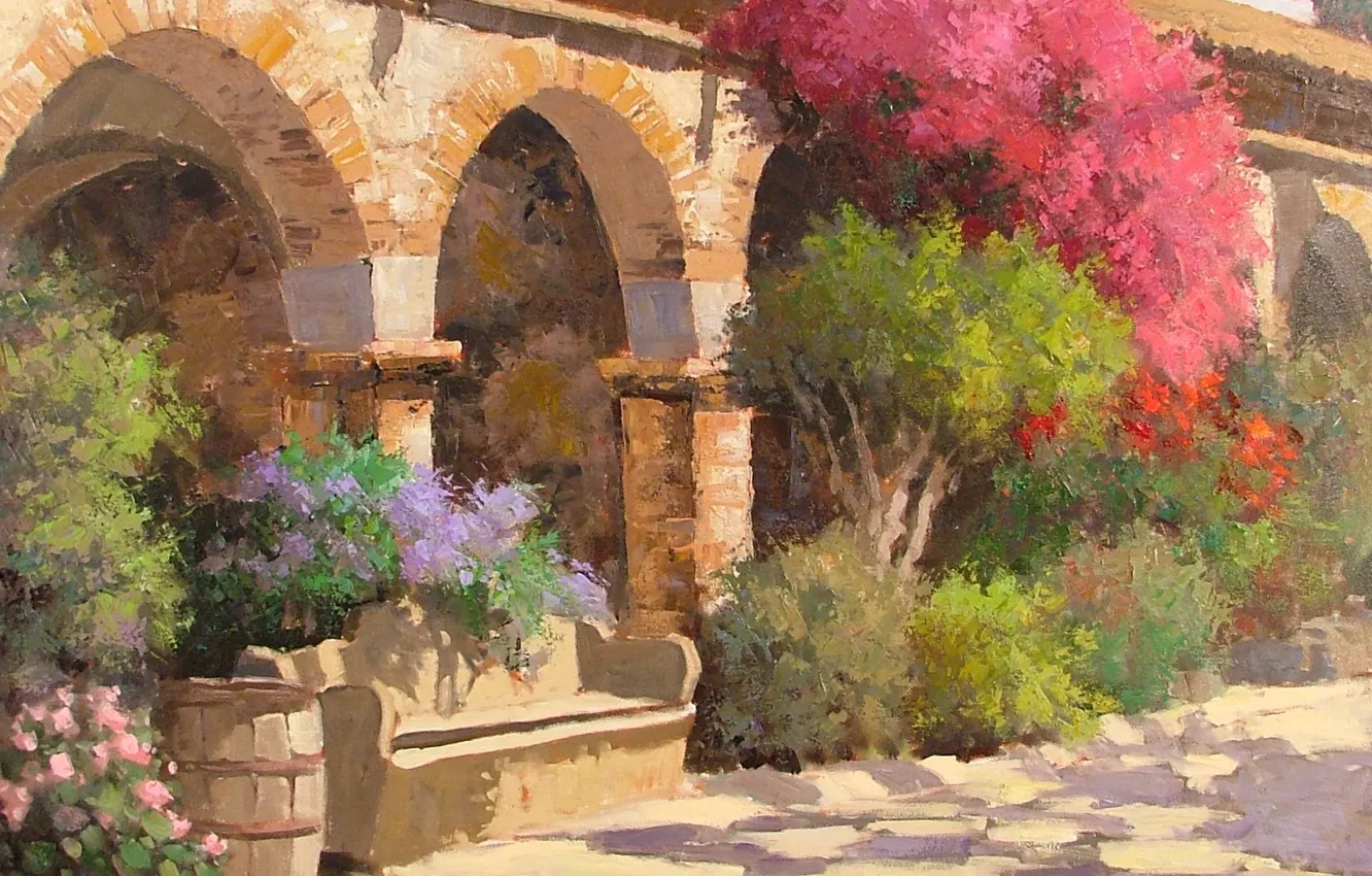 Photo wallpaper trees, flowers, bench, Park, art, shop, arch, shop