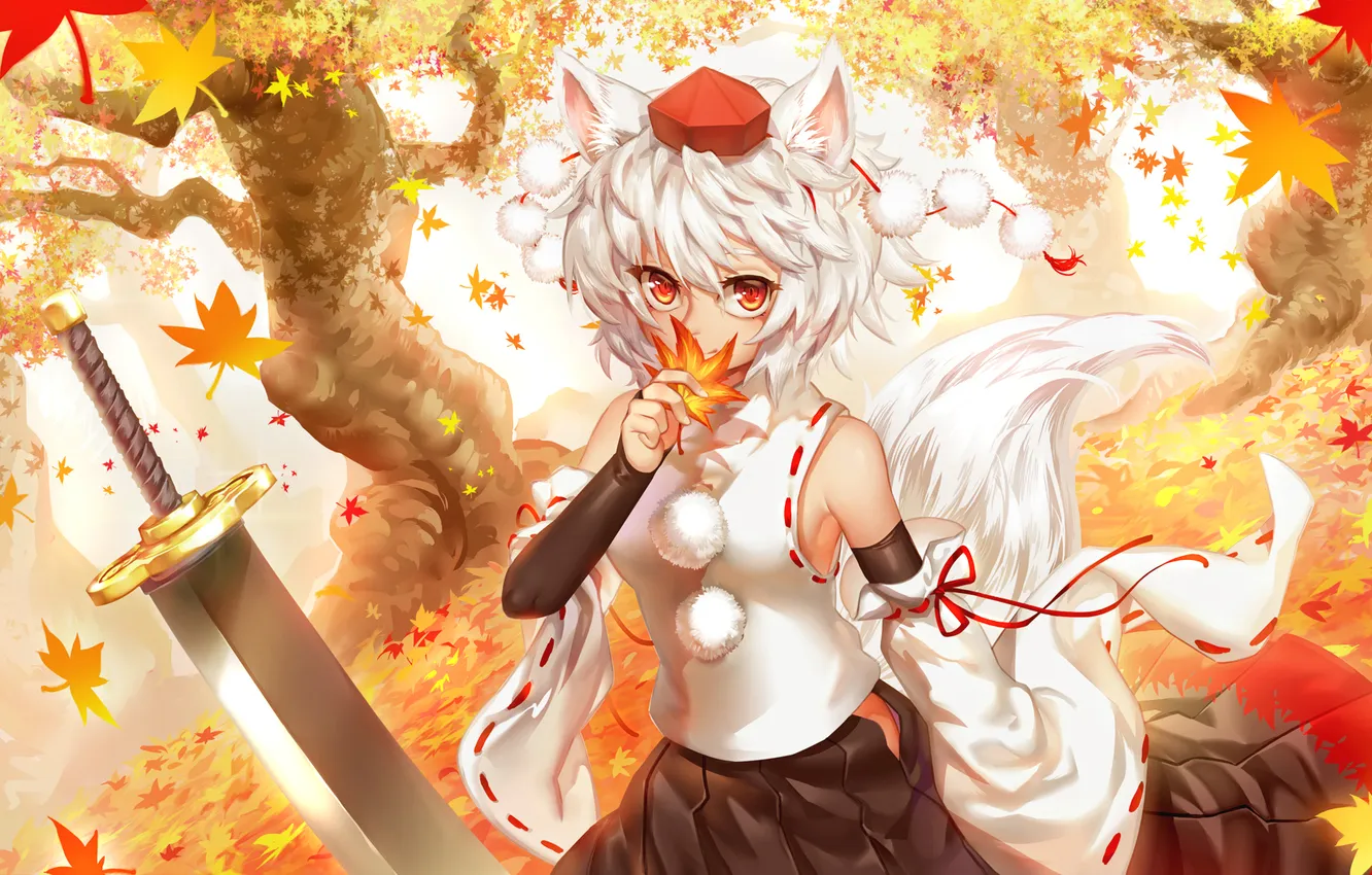 Photo wallpaper autumn, look, leaves, girl, smile, weapons, tail, ears