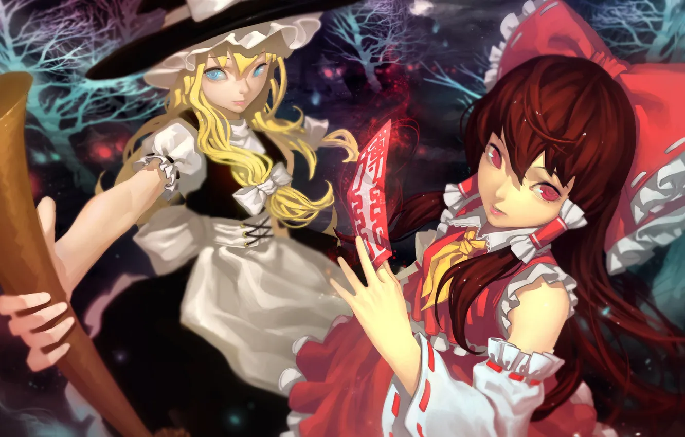 Photo wallpaper girl, trees, night, hat, art, touhou, kirisame marisa, han-0v0