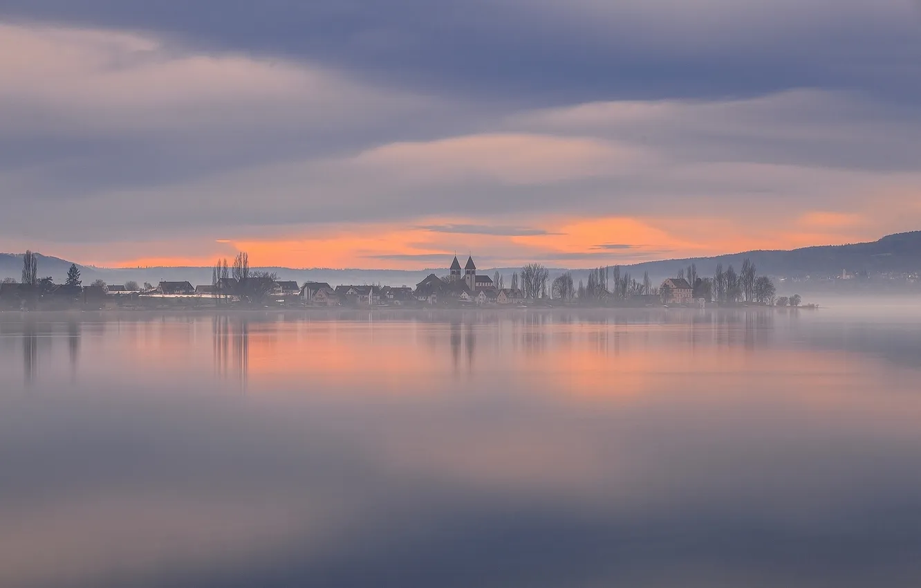 Photo wallpaper lake, dawn, morning, Germany, town, Germany, water surface, Lake Constance