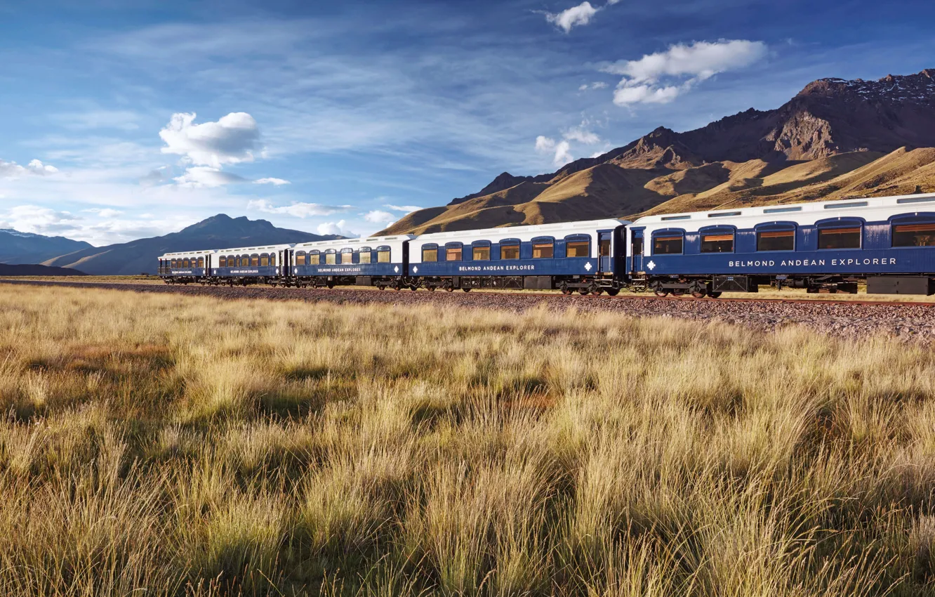 Photo wallpaper Mountains, Grass, Train, South America, South Americas luxury sleeper train, Luxury Sleeping train, Pullman day …