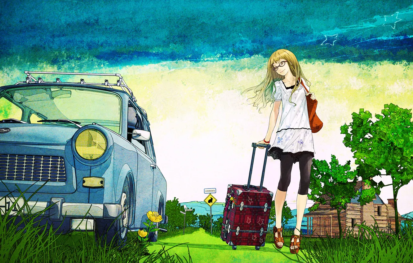 Photo wallpaper road, summer, trees, figure, art, old, suitcase, car