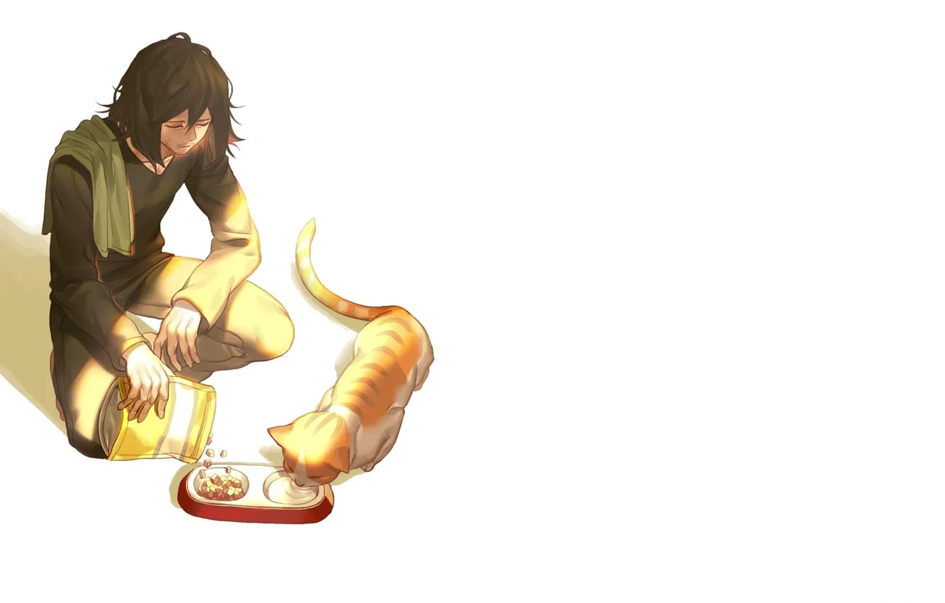 Photo wallpaper package, white background, guy, food, sad, red cat, feeder, Boku no Hero Academy