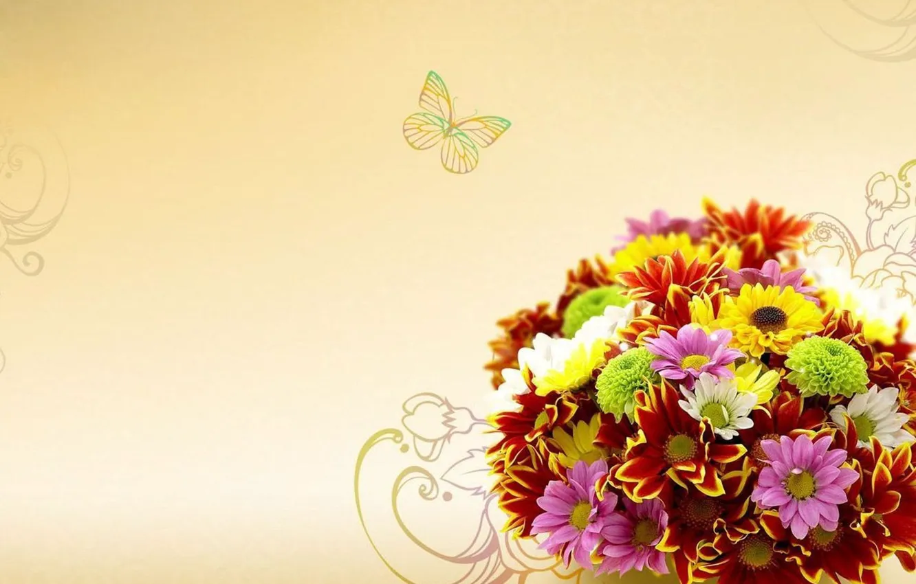 Photo wallpaper flowers, bouquet, painted patterns, colorful daisies