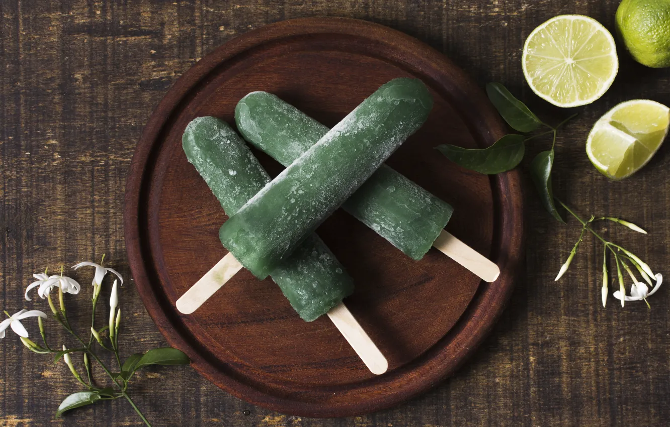 Photo wallpaper leaves, flowers, green, Board, ice cream, lime, dessert, slices