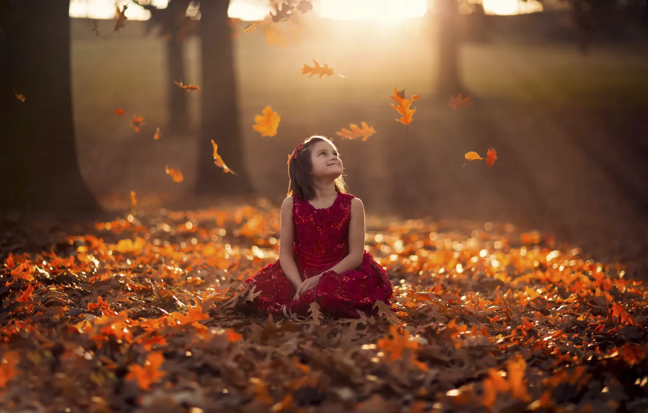 Photo wallpaper autumn, leaves, dress, girl, bokeh