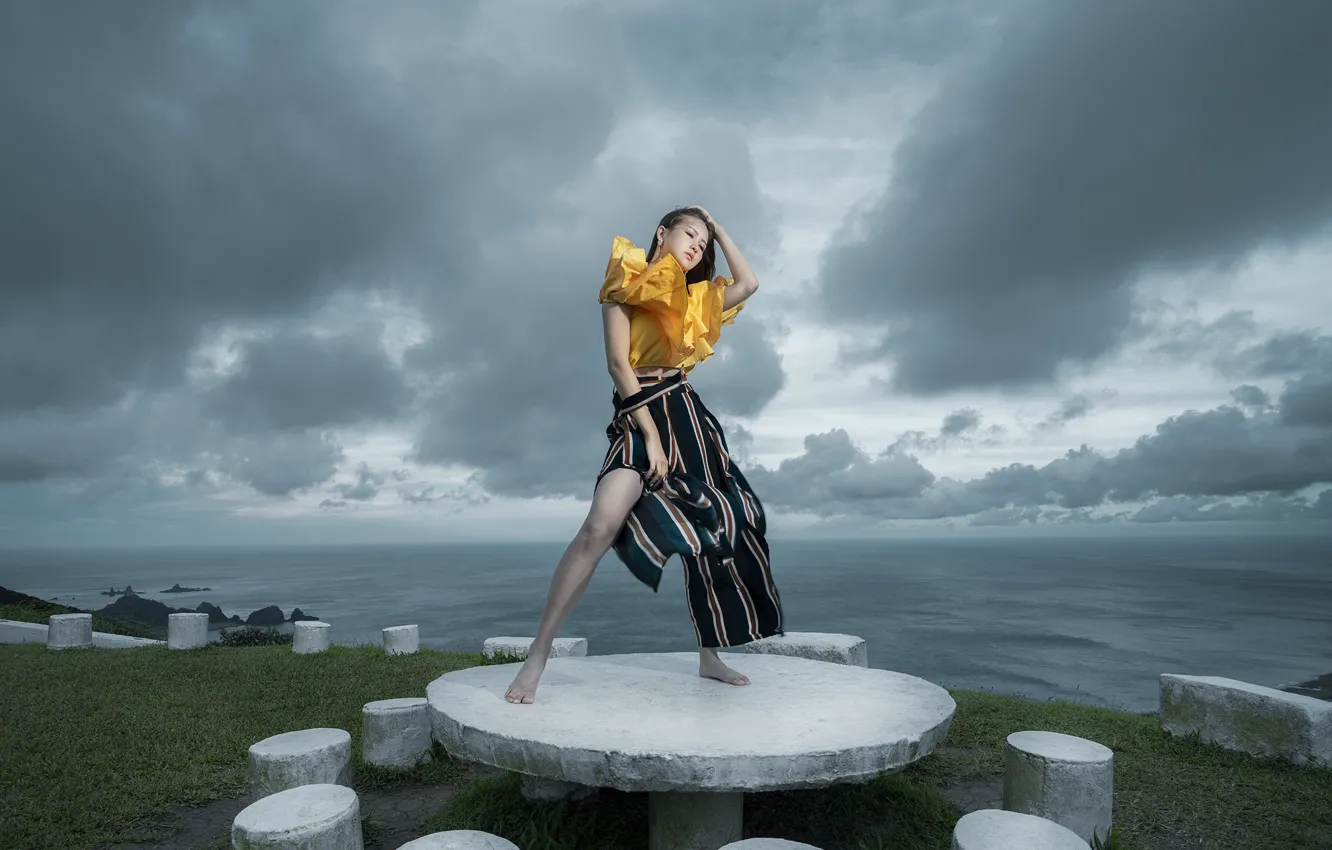 Photo wallpaper girl, shore, Asian