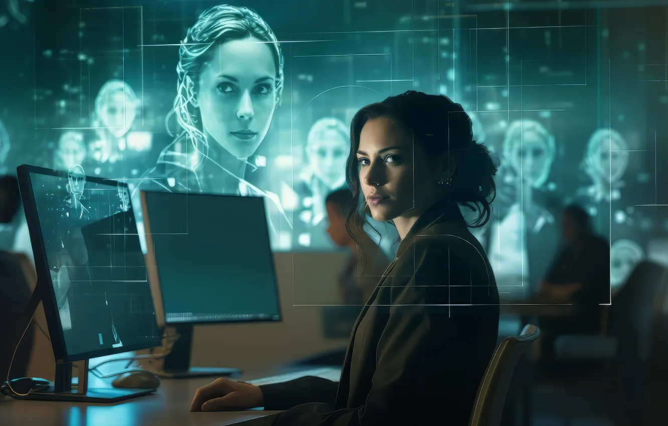 Photo wallpaper girl, monitor, digital art, artificial intelligence, business lady, AI art, The Art of Artificial Intelligence, …