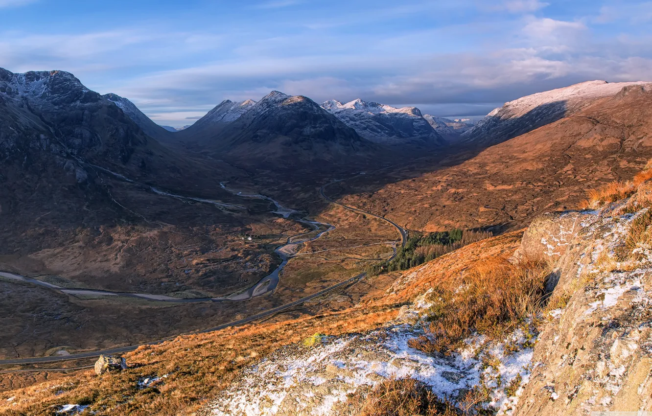 Photo wallpaper autumn, grass, surface, mountains, stones, valley