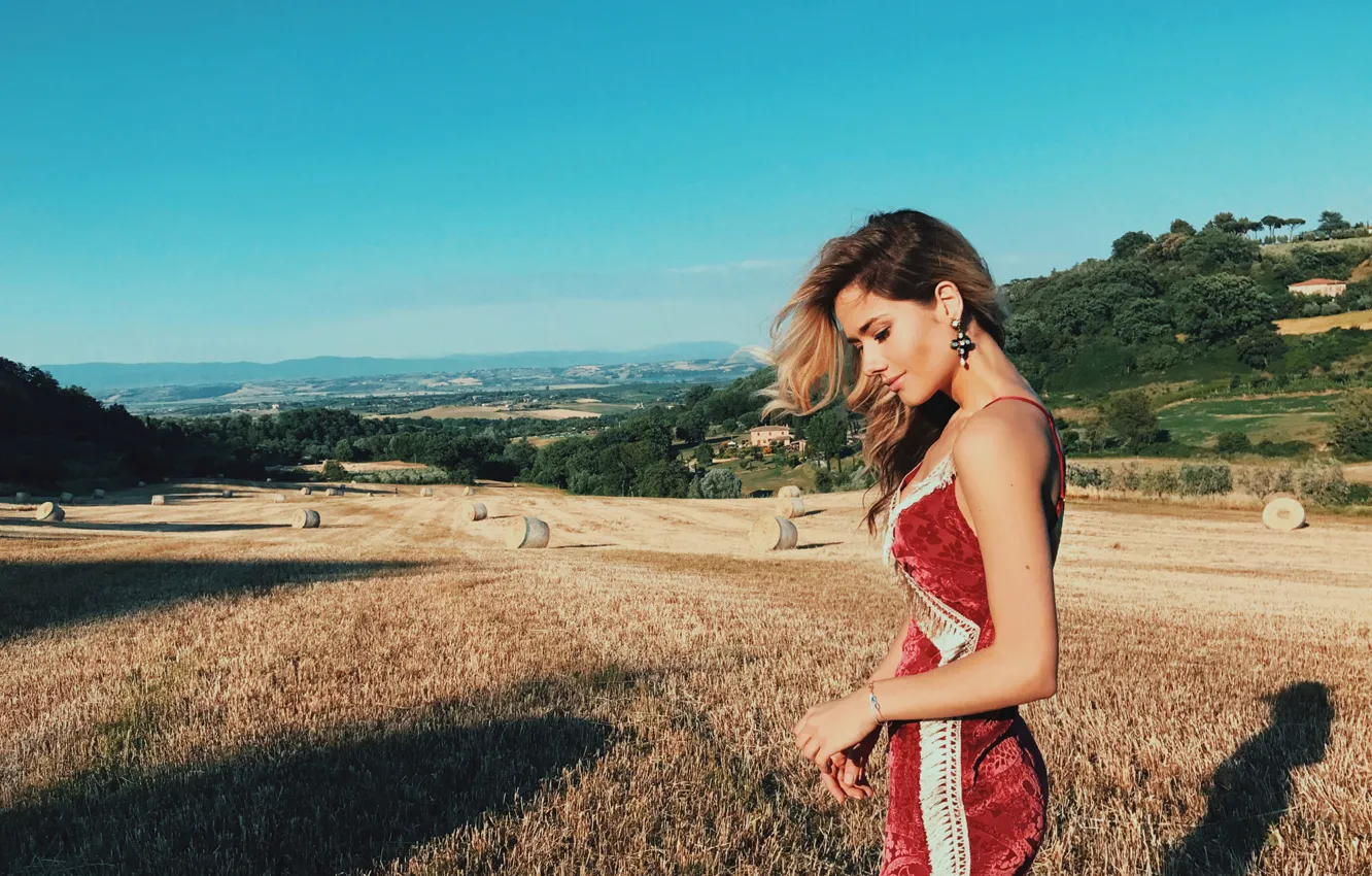 Photo wallpaper field, the sky, girl, nature, pose, hair, Julia Parshuta