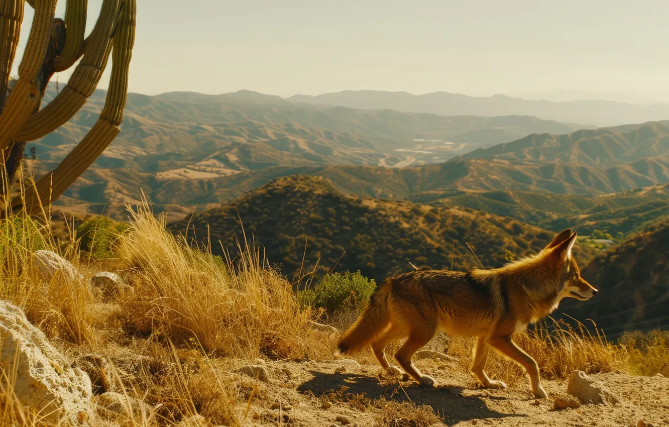 Photo wallpaper mountains, wolf, predator, coyote, digital art, AI art, The Art of Artificial Intelligence, neural network