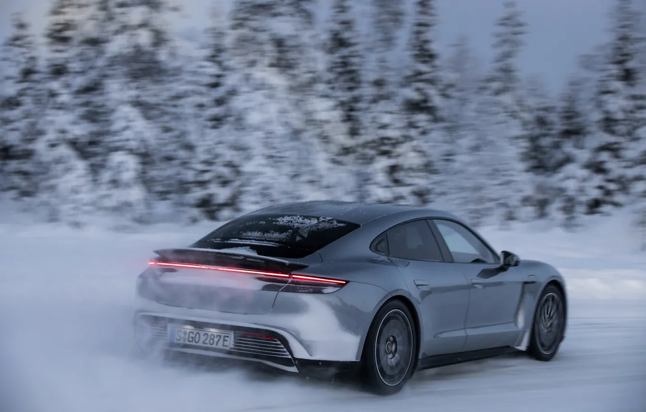 Photo wallpaper snow, grey, speed, Porsche, spoiler, 2020, Taycan, Taycan 4S