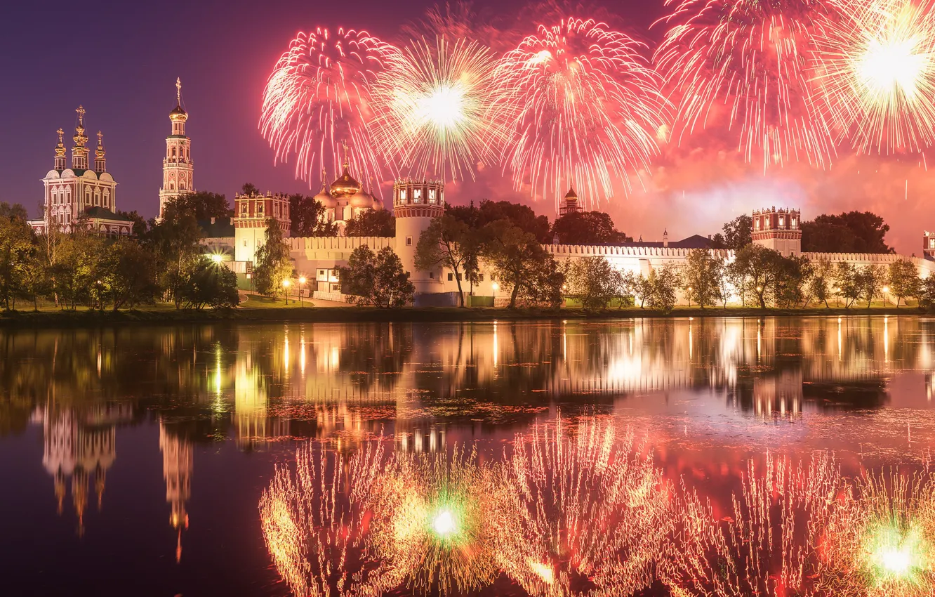 Photo wallpaper the sky, water, night, reflection, river, salute, Moscow, fireworks