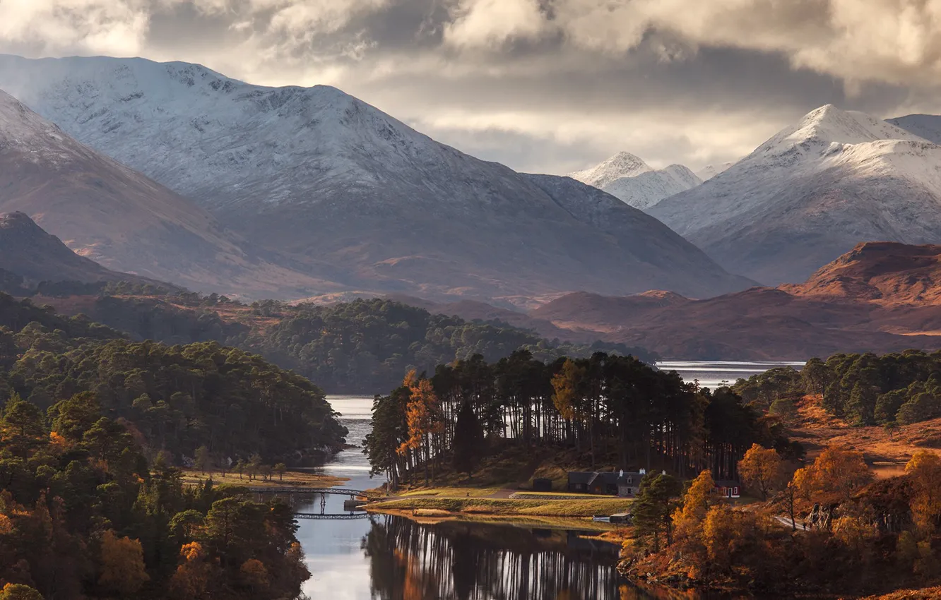 Photo wallpaper forest, road, river, trees, landscape, nature, bridge, mountains