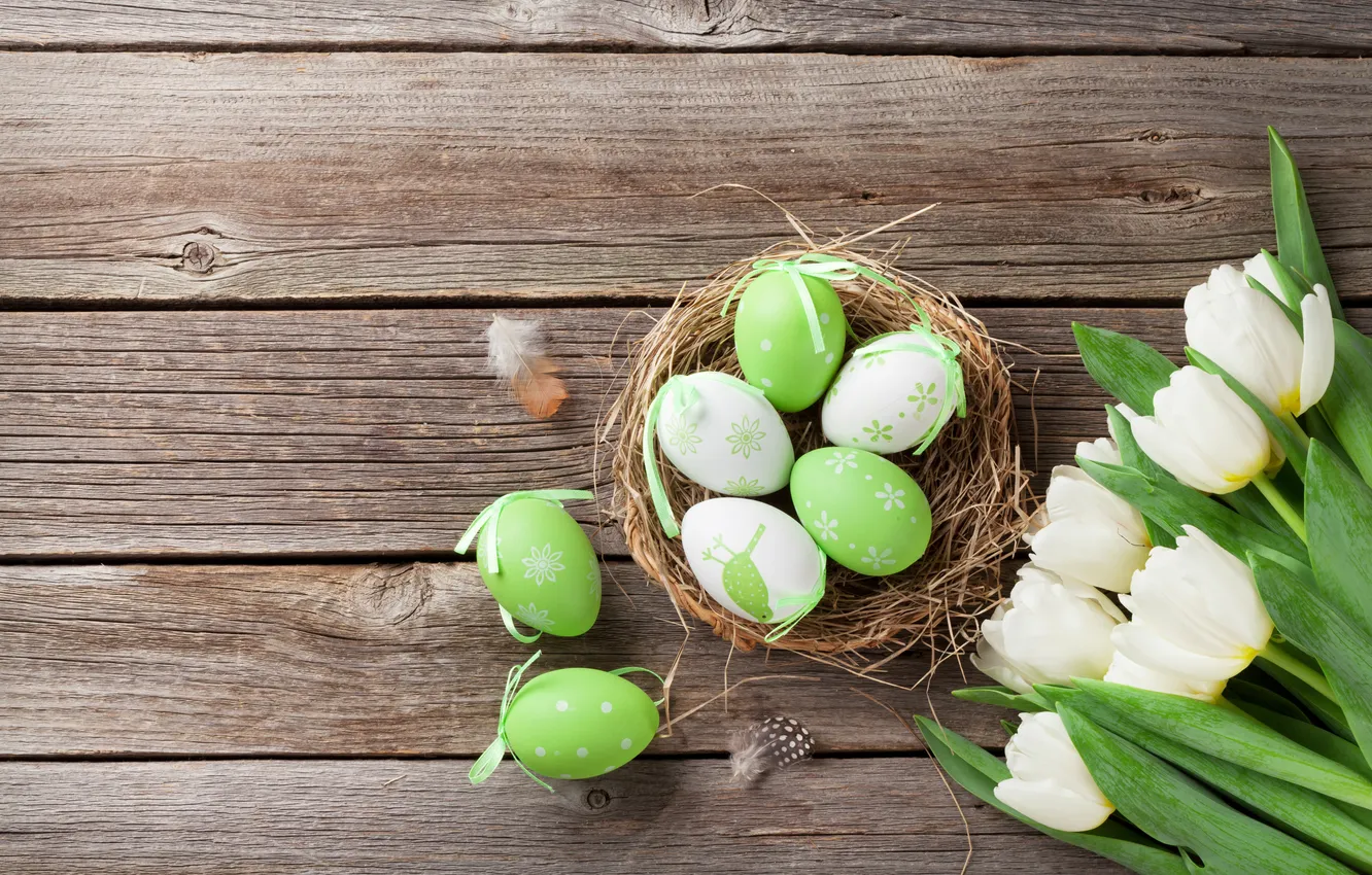 Photo wallpaper flowers, eggs, spring, colorful, Easter, tulips, wood, flowers