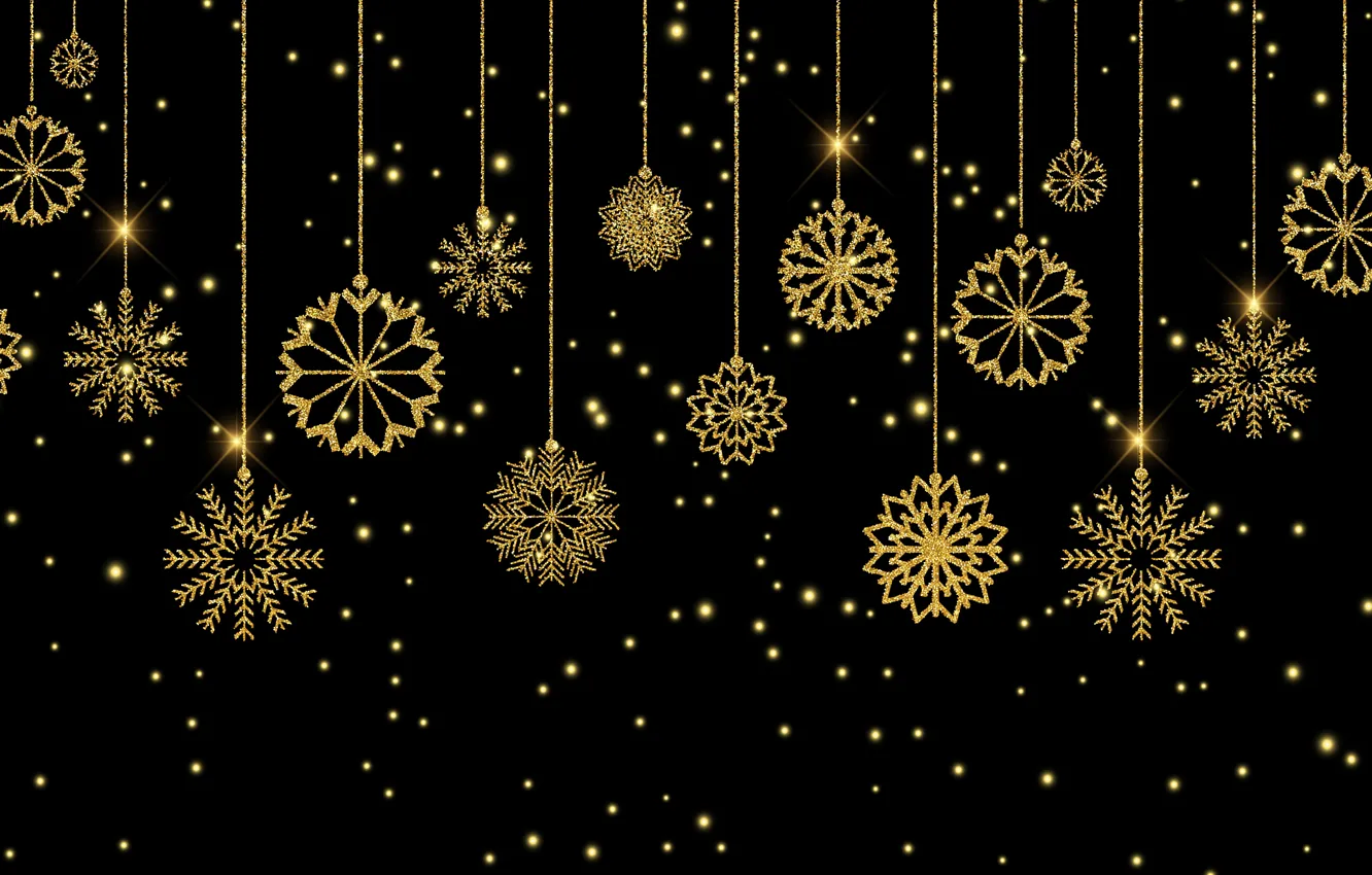 Photo wallpaper decoration, snowflakes, gold, new year, Christmas, golden, black background, Christmas