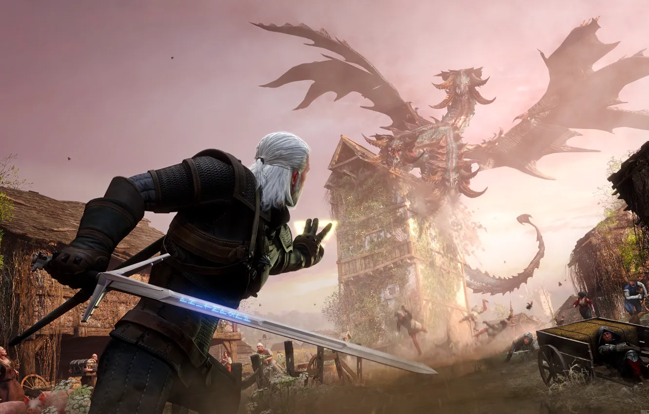 Photo wallpaper dragon, warrior, settlement, Witcher, Three-headed Devil Contract
