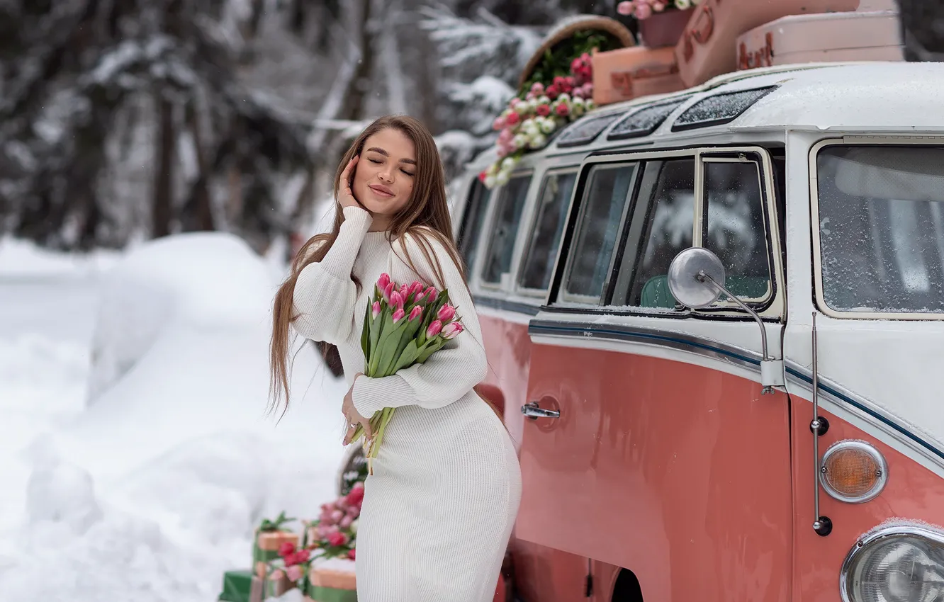Photo wallpaper Volkswagen, trees, flowers, winter, snow, model, women, brunette
