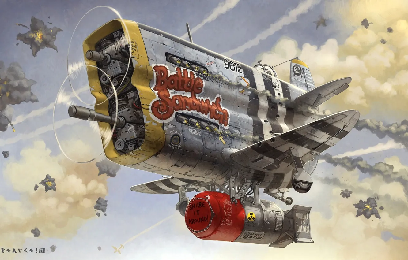 Photo wallpaper the plane, fiction, art, dogfight, a nuclear bomb, Christian Pearce, Butt-head, grotesque