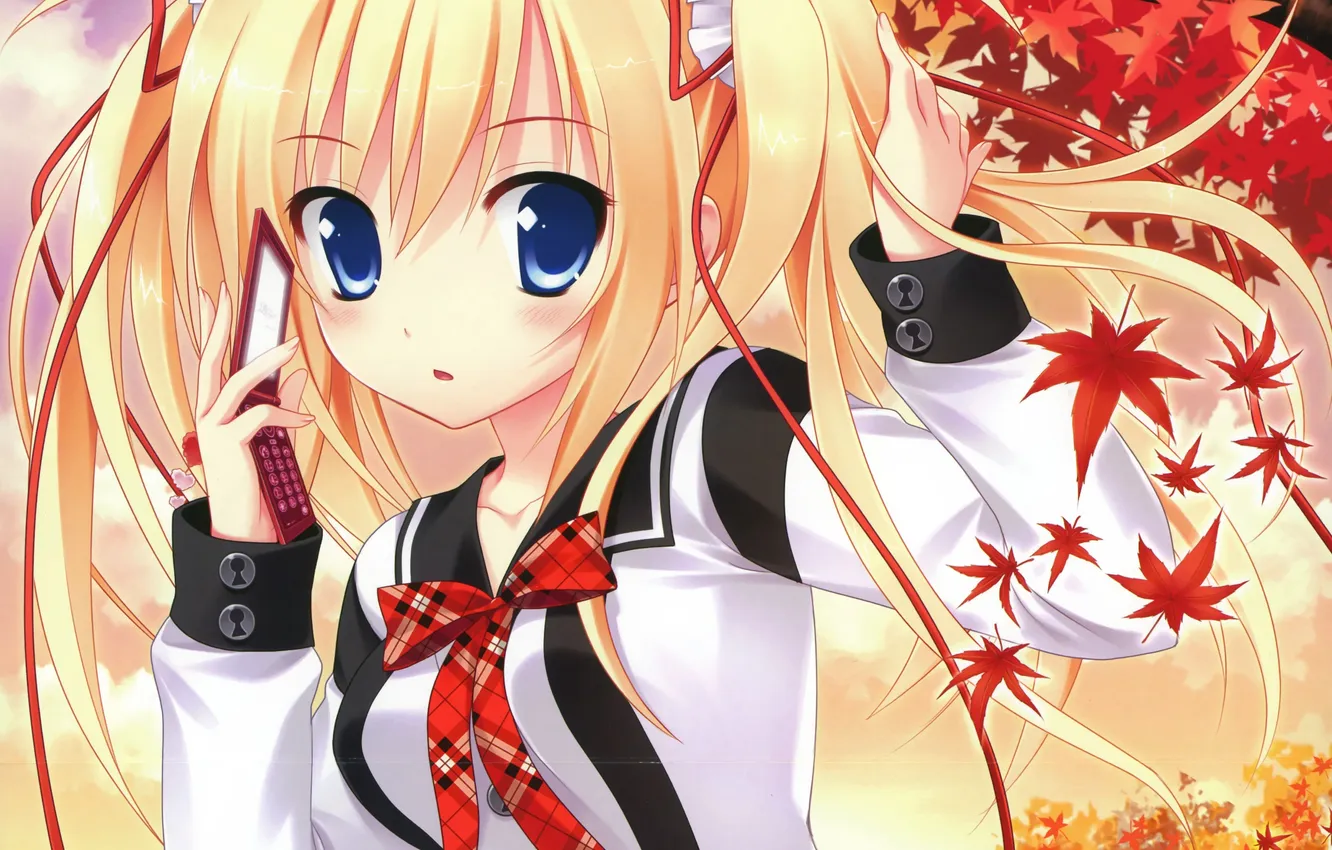 Photo wallpaper autumn, leaves, girl, anime, art, phone, schoolgirl, makita maki