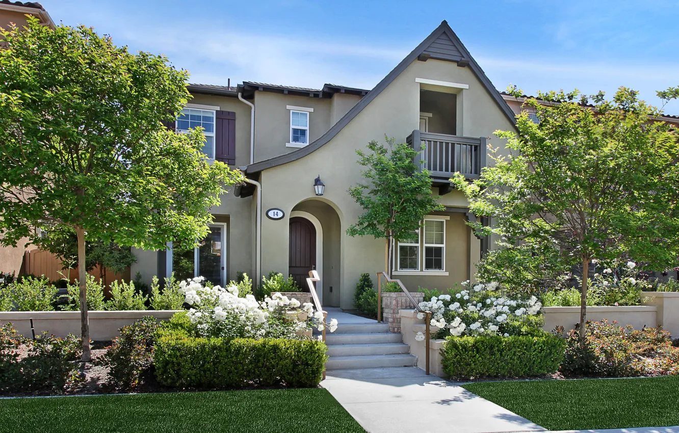 Photo wallpaper trees, the city, photo, lawn, landscape, home, mansion, the bushes