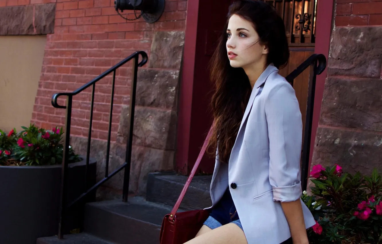 Photo wallpaper girl, flowers, model, brunette, ladder, bag, model, brunette