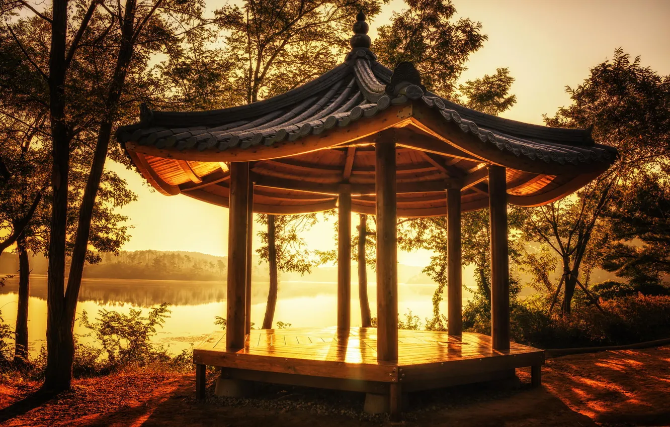 Photo wallpaper landscape, sunset, nature, lake, shore, China, gazebo