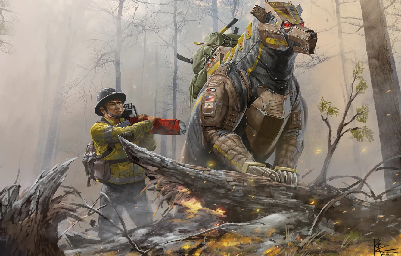 Photo wallpaper look, people, robot, art, chainsaw, Robert Chew, huge dog