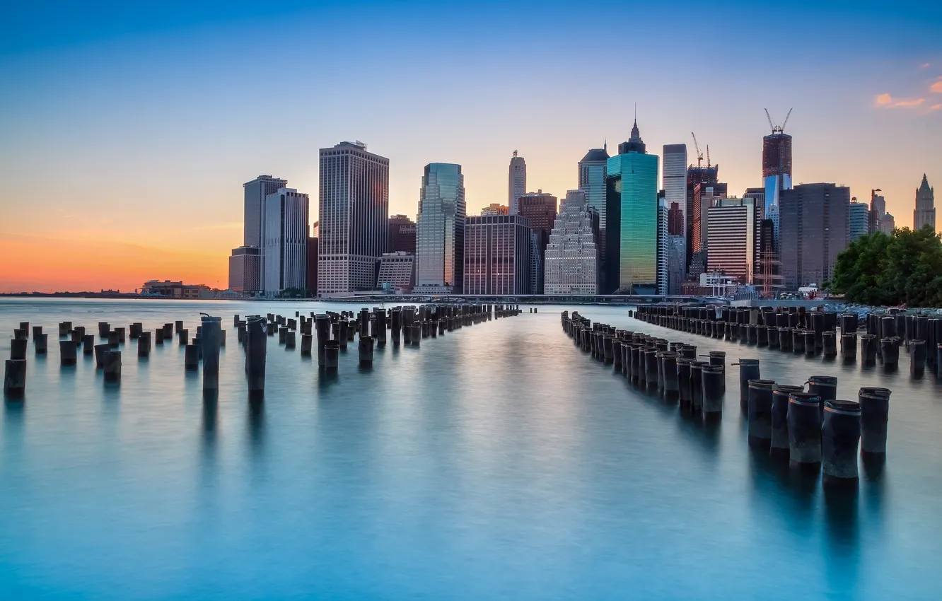 Photo wallpaper the city, river, shore, the evening, New York, piles, USА, Tulton Ferry