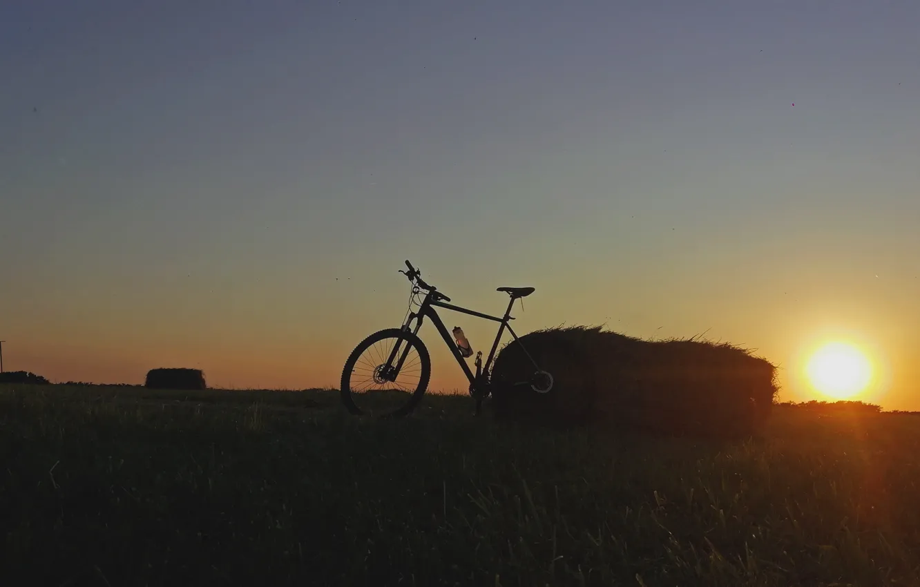 Photo wallpaper grass, sky, bike, field, nature, sunset, sun, Bicycle