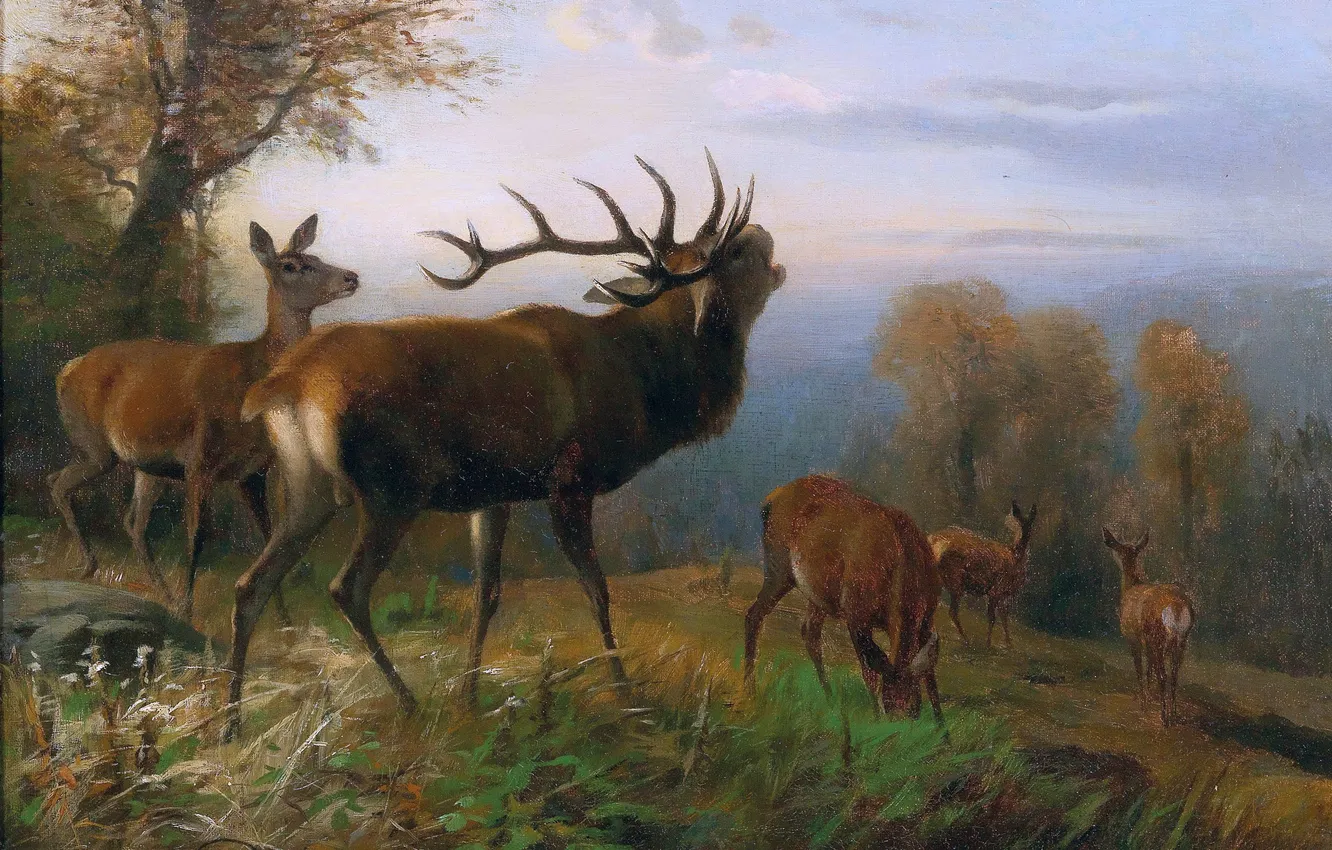 Photo wallpaper trees, horns, male, Carl Friedrich Deiker, Karl Friedrich Daker, German animal painter, deer, Picture