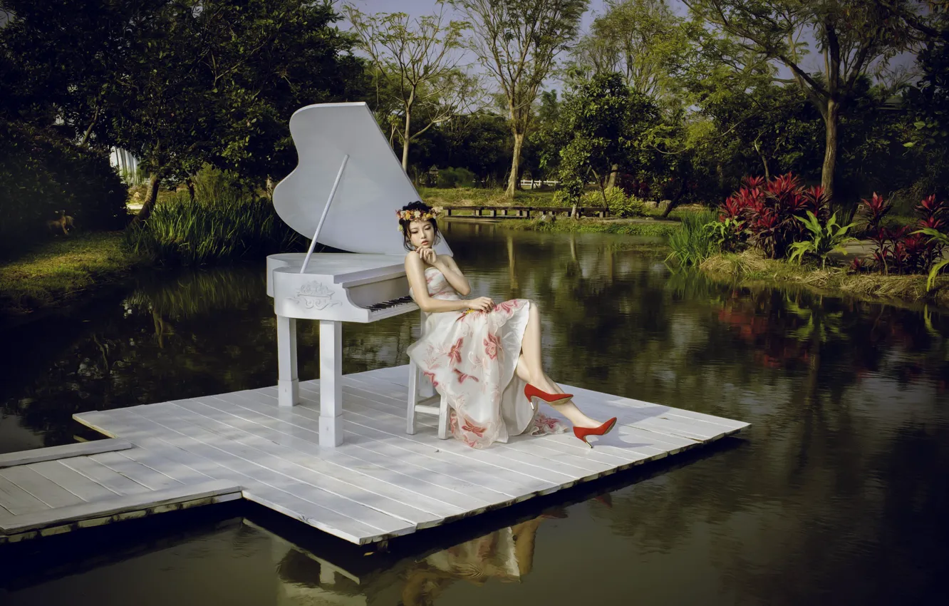 Photo wallpaper girl, pond, piano
