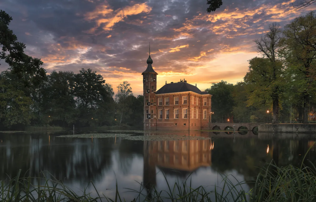 Photo wallpaper landscape, pond, reflection, castle, Netherlands, twilight, Eduard Gorobets, Bouvine