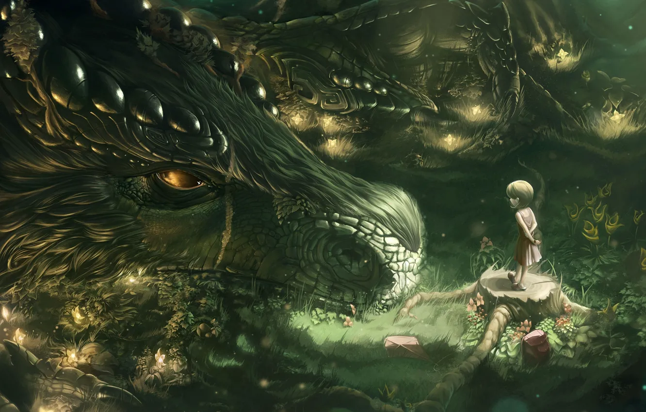 Photo wallpaper forest, fiction, dragon, figure, girl, fantasy, art