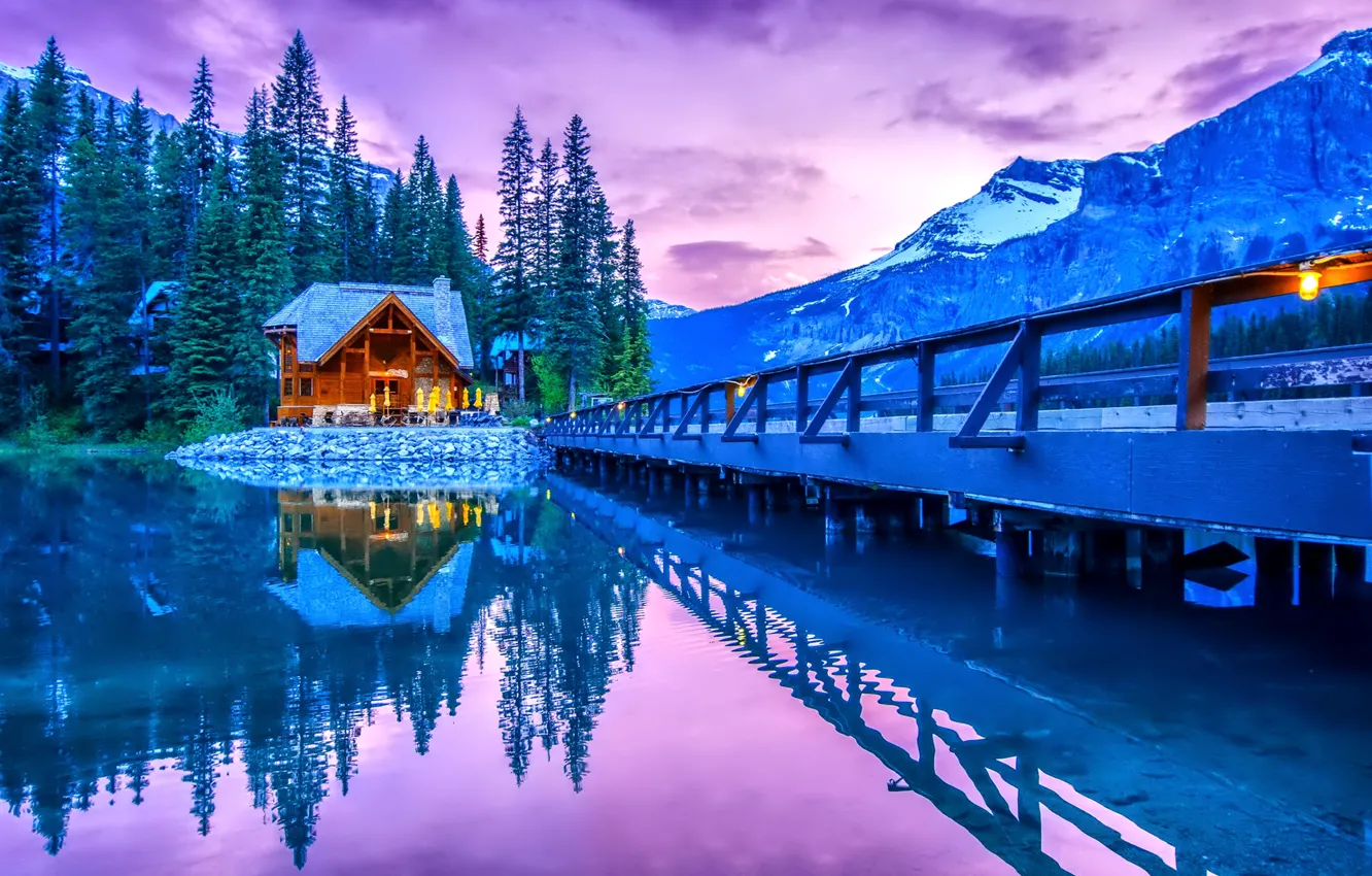 Photo wallpaper trees, mountains, bridge, lake, river, home, Emerald Lake