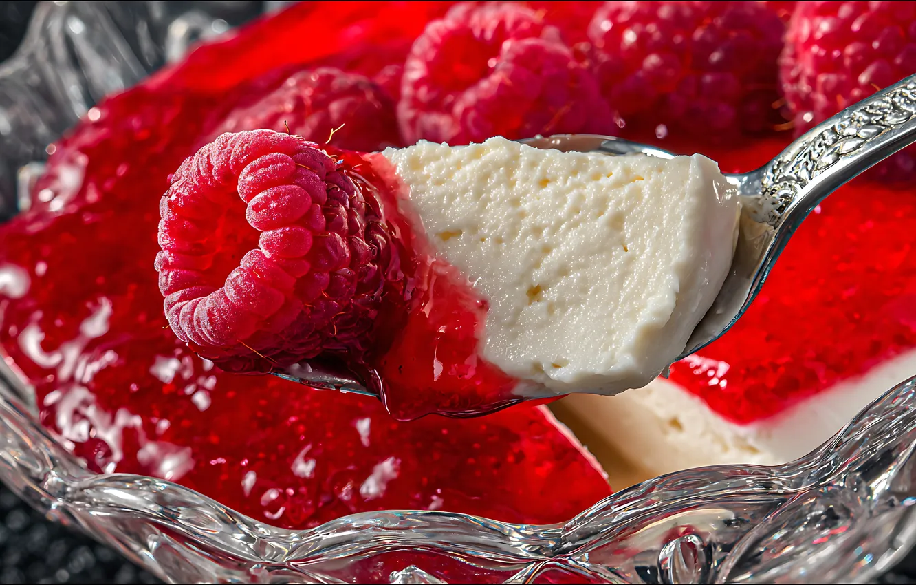 Photo wallpaper macro, berries, raspberry, spoon, ice cream, dessert, jam, jam