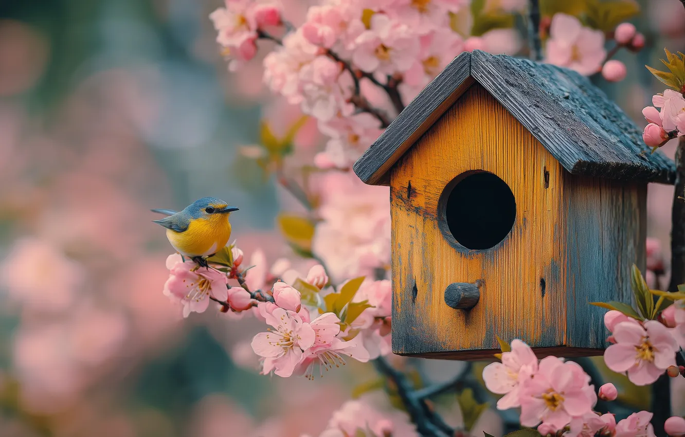 Photo wallpaper flowers, branches, bird, spring, garden, birdhouse, pink, flowering