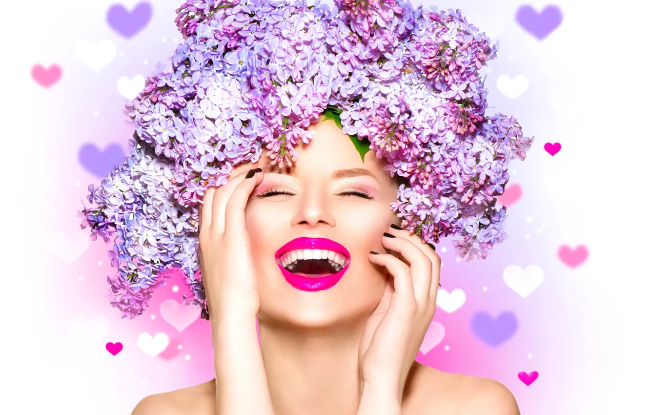 Photo wallpaper girl, joy, flowers, face, laughter, hands, makeup, hearts