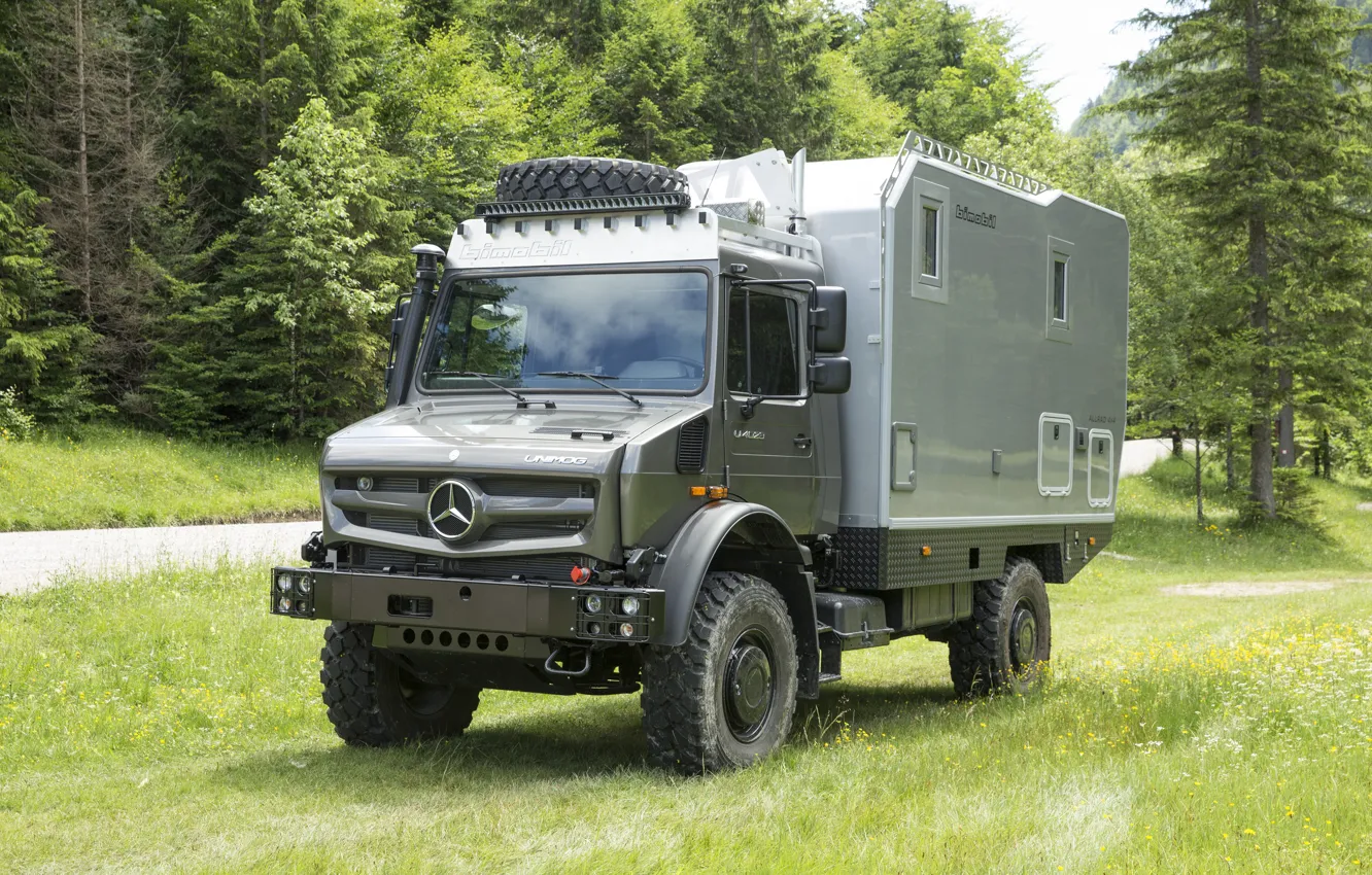 Photo wallpaper vegetation, Mercedes-Benz, truck, Unimog, U4023, Bimobil EX 435