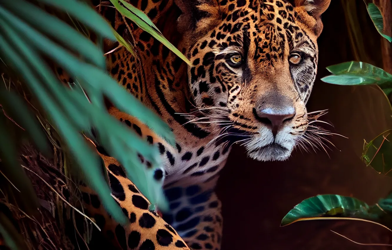 Photo wallpaper mustache, look, face, predator, jungle, Jaguar, big cat, spotted