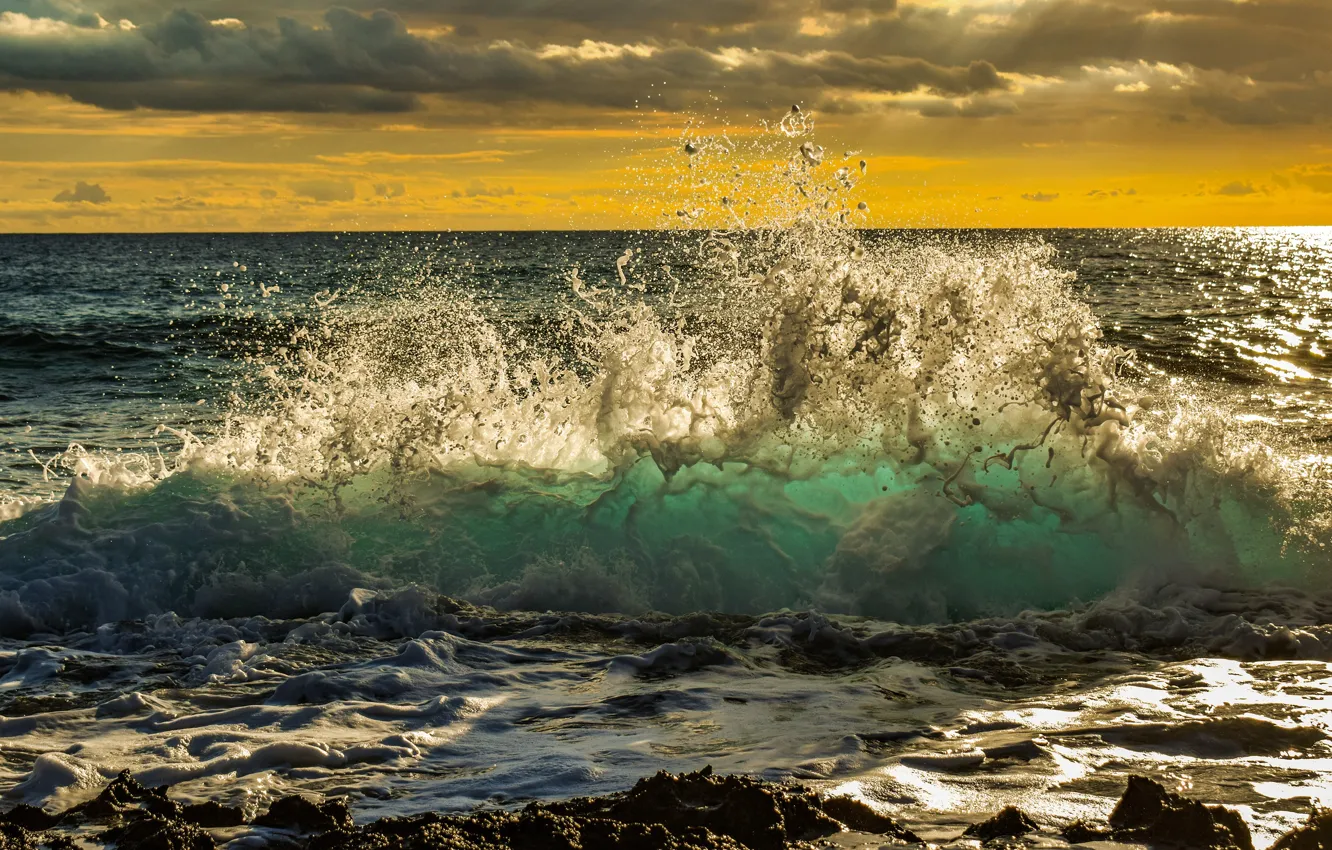 Photo wallpaper sea, wave, beach, foam, clouds, light, landscape, squirt