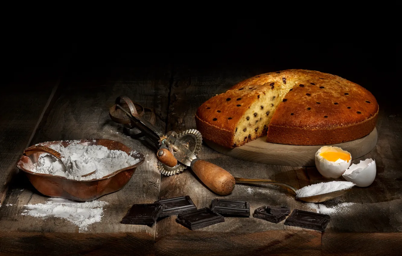 Photo wallpaper Board, food, chocolate, eggs, pie, black background, still life, items