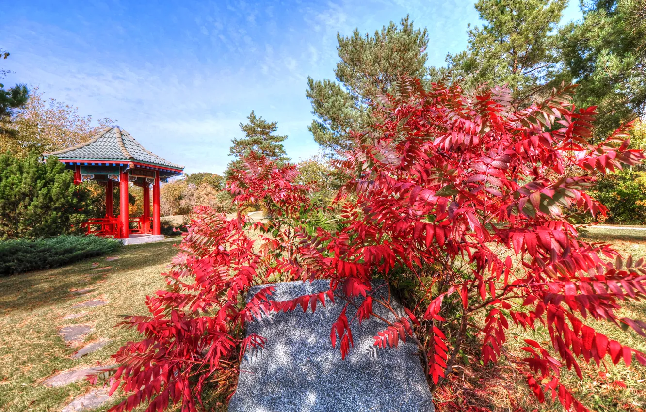 Photo wallpaper autumn, the sky, leaves, clouds, stone, gazebo, tree, Japanese garden