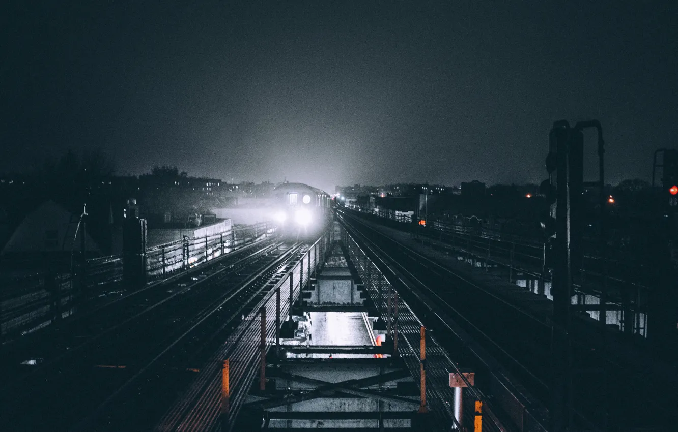 Photo wallpaper light, night, train, New York, railroad, W/d