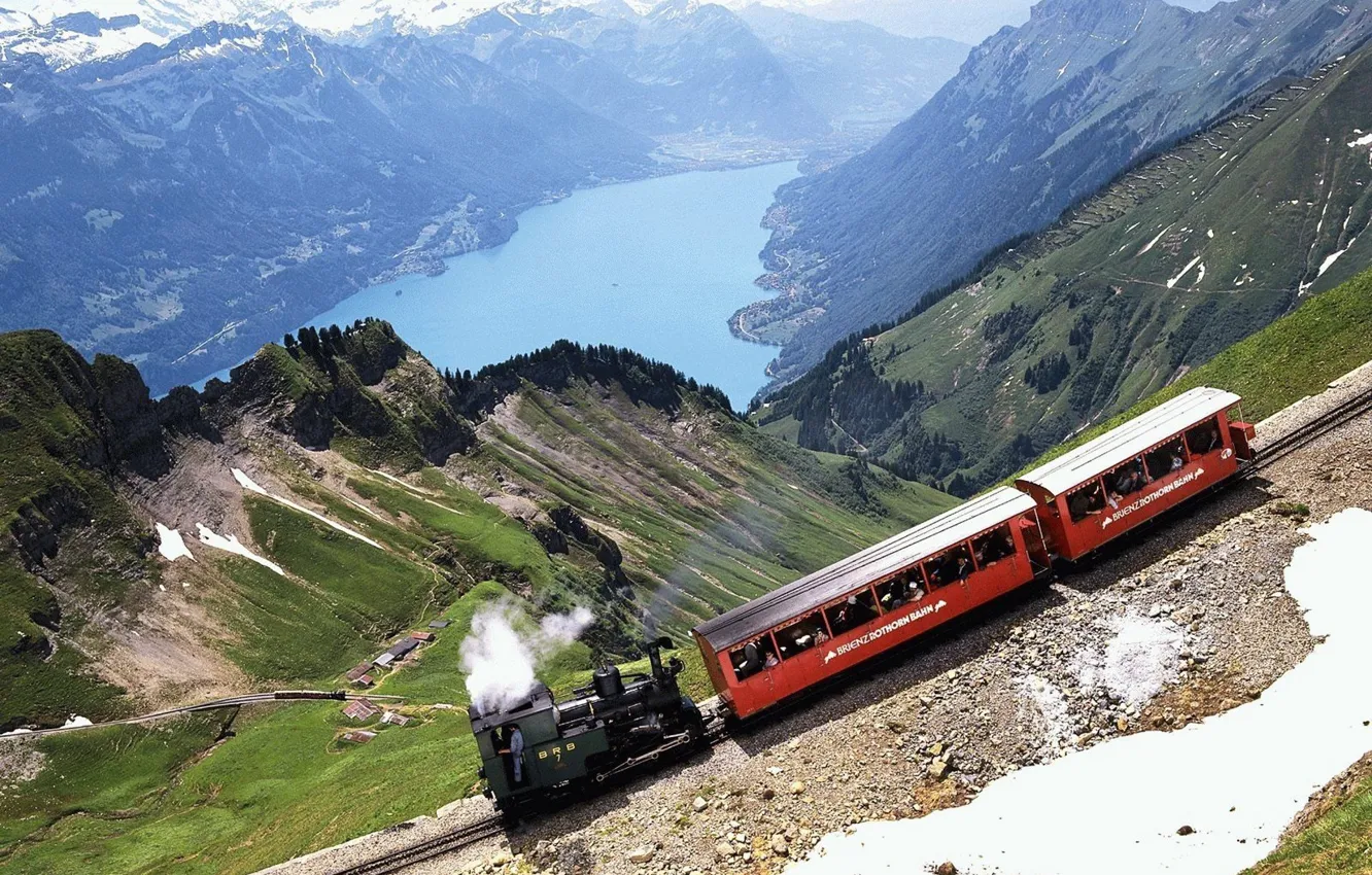 Photo wallpaper snow, mountains, lake, rails, the engine