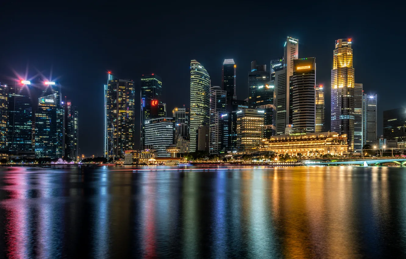 Photo wallpaper building, home, Bay, Singapore, night city, skyscrapers, Singapore, Marina Bay