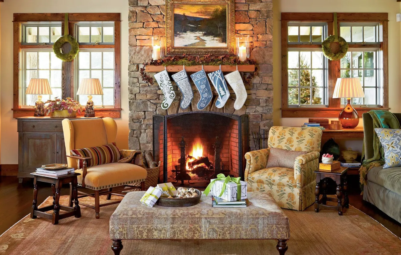 Photo wallpaper style, heat, new year, interior, Christmas, fireplace, living room, Christmas decorations